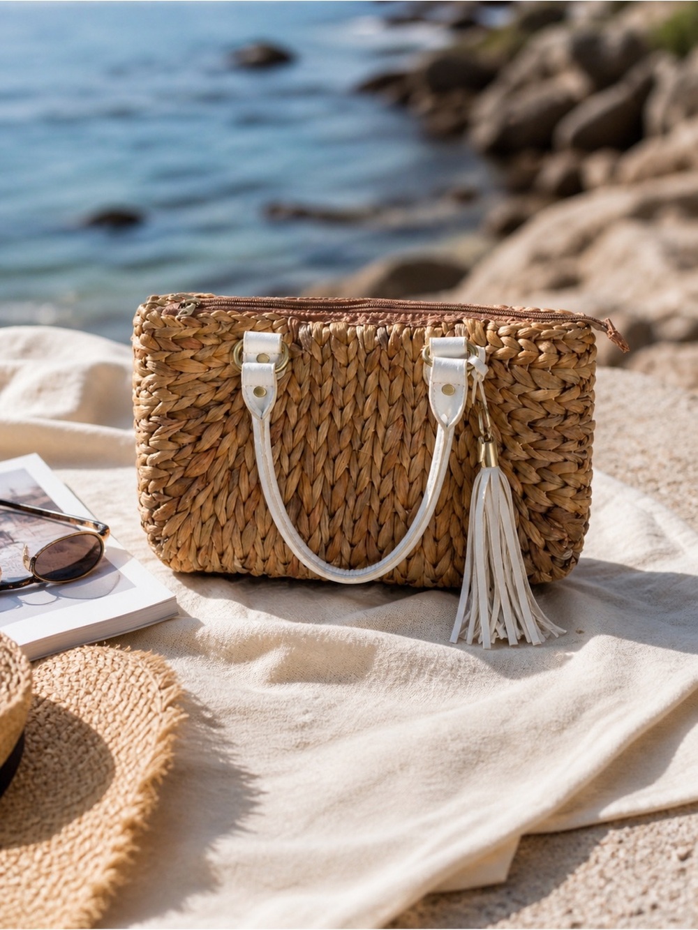 Straw Studios Woven Straw Handbag White Handles Tassel Boho Summer Purse